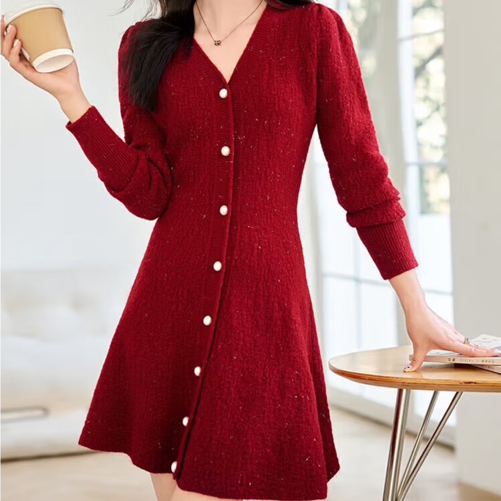 Red Long Sleeve Peplum Dress with V-Neck for Casual Occasions Size: Small 160cm